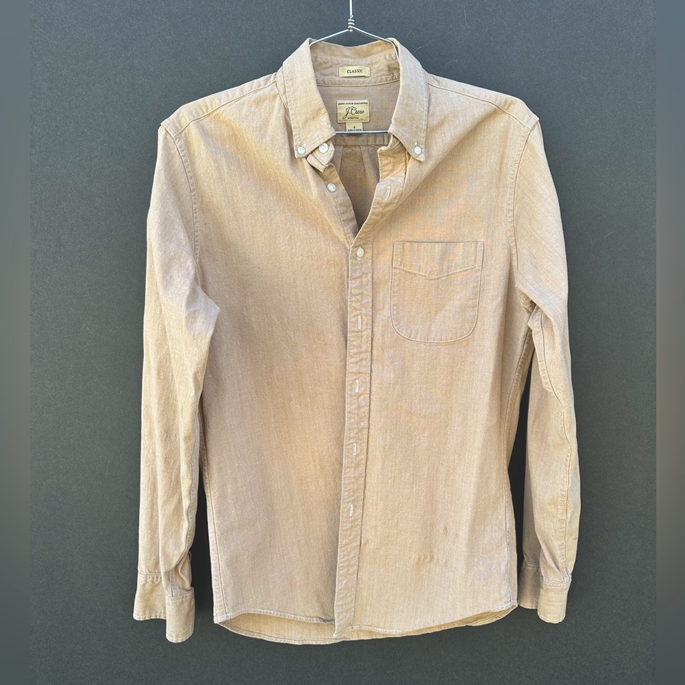 Men’s tan button down long sleeve shirt, J. Crew men’s small.